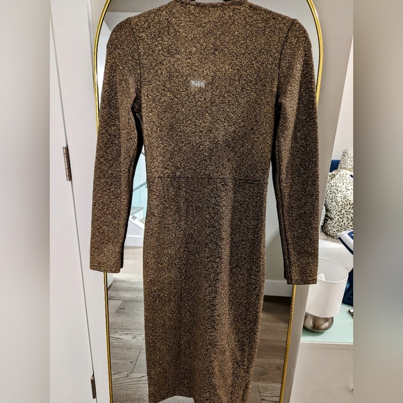 APRICOT Metallic Champagne Gold Stretchy Bodycon Long Sleeved Dress Size 4 - Picture 2 of 6